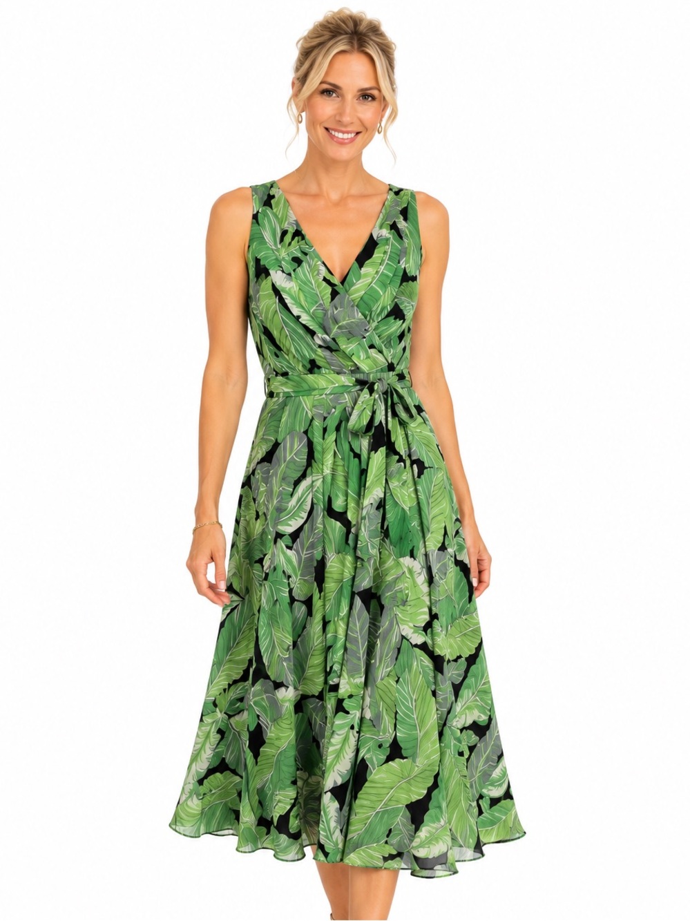 Muse 100% Silk Dress Size 10 Green Black Tropical Leaf Wrap Midi NWT